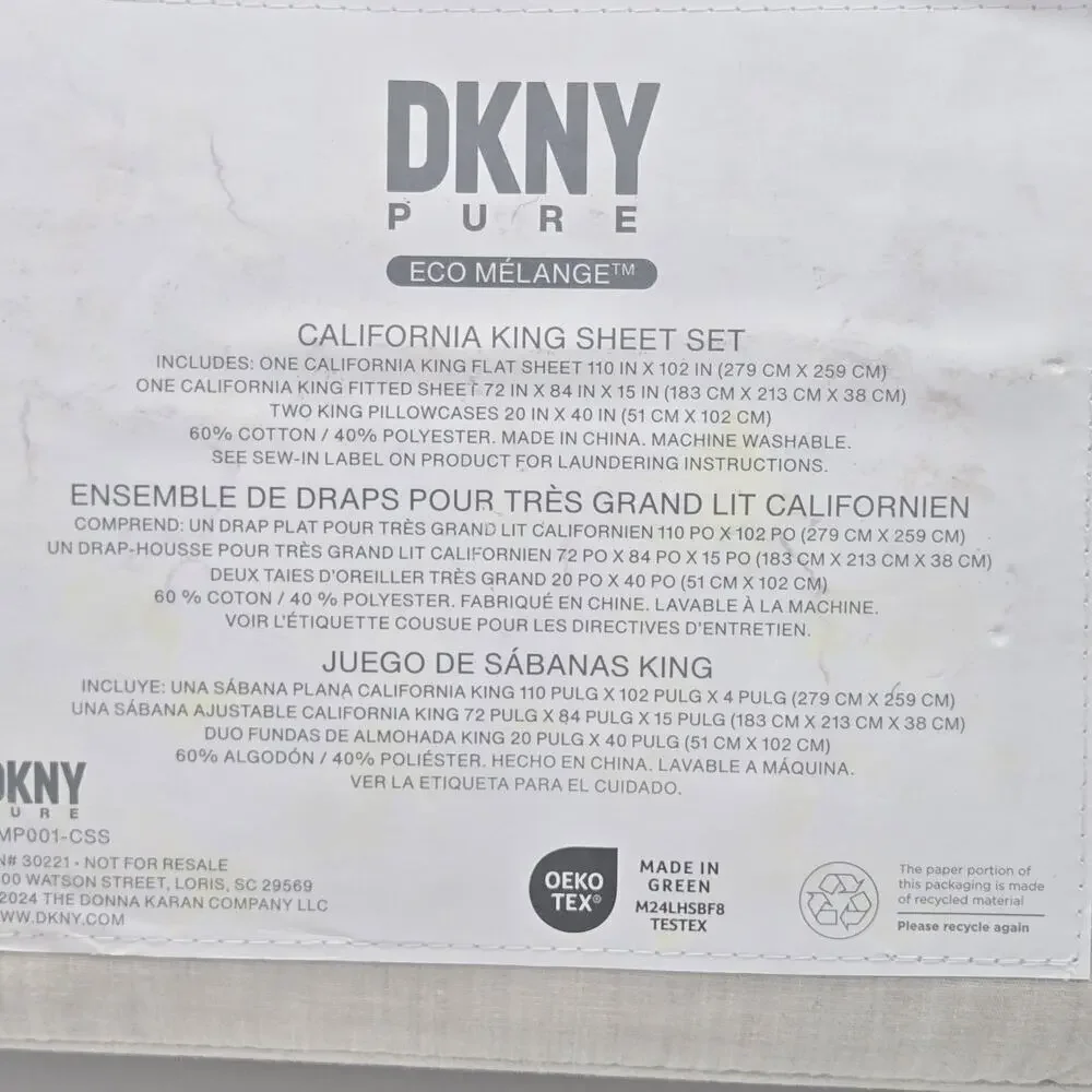 DKNY Pure California King Sheet Set 4pc Eco Melange BEIGE ECRU NEW Cotton/Poly